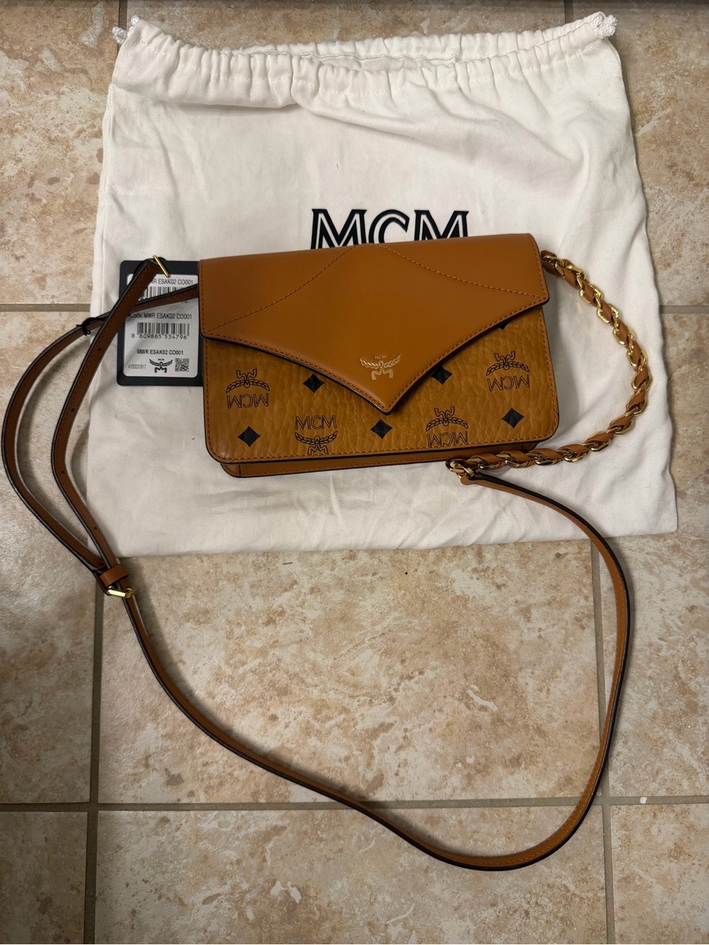 MCM Tan Visetos Crossbody Bag with Gold Chain Strap - Picture 2 of 12
